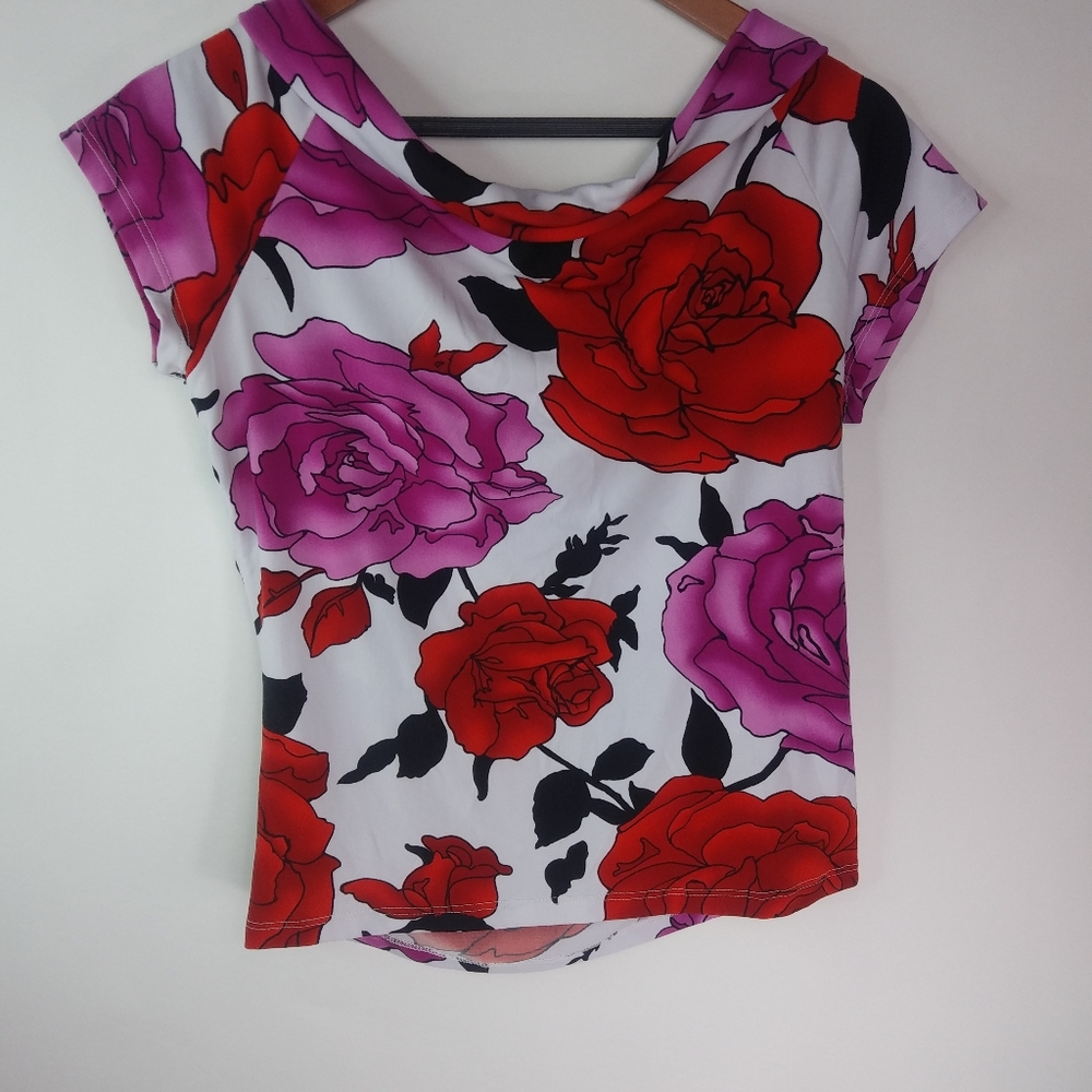 mds M Red Pink Roses Stretch Top - Picture 5 of 6